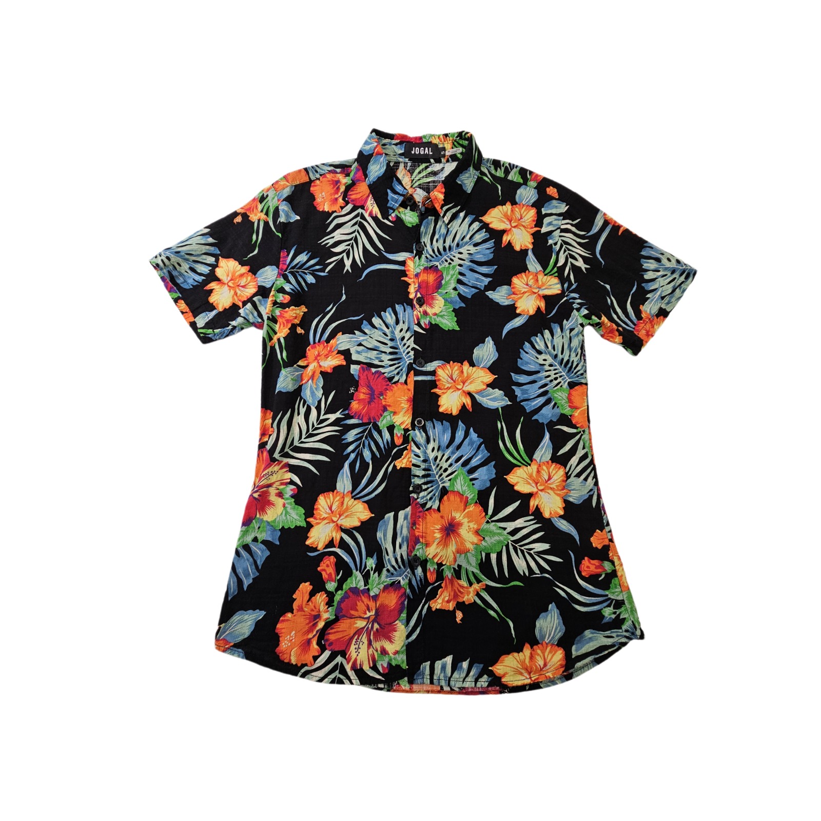 Jogal Men's S Black Multicolor Floral Flower Short Sleeve Hawaiian Shirt Top Euc